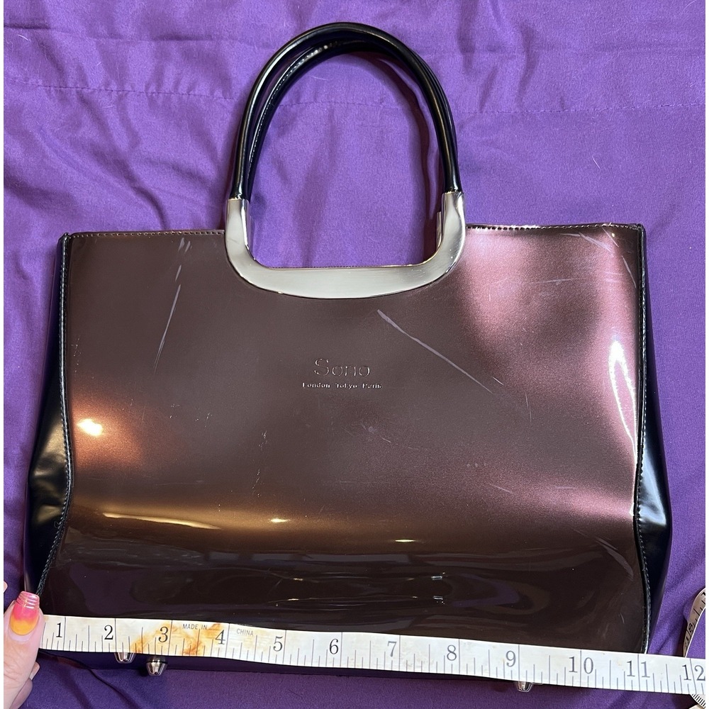 Sono Dark Purple/Black Sides & Silver Handle Handbag/Purse 12x9.5X4 In